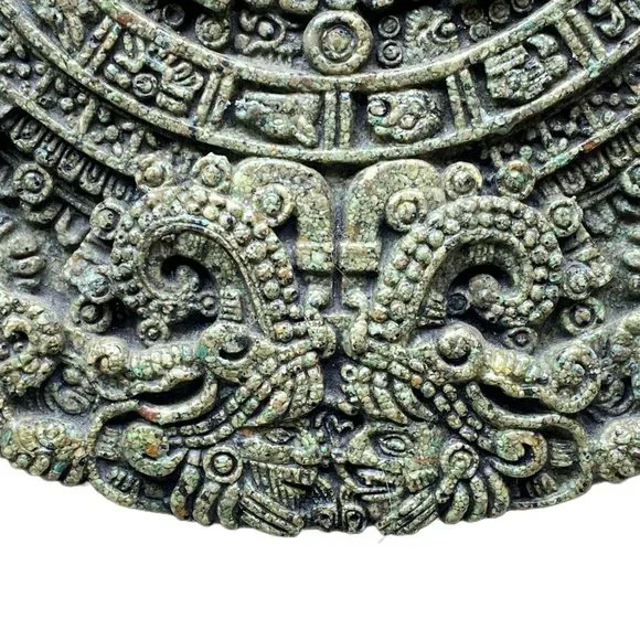 MCM Aztec Sun Stone Calendar-Marked Original Zarebski Crushed Green Stone 11.5"
